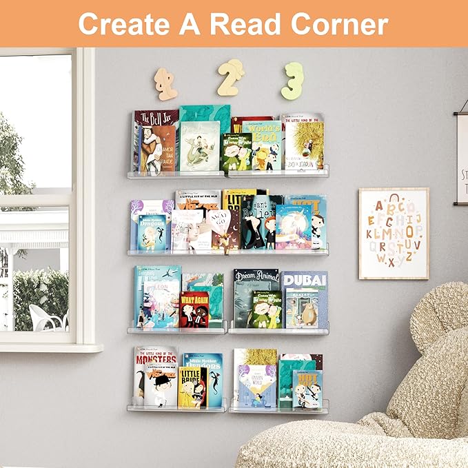 upsimples 12 Pack Acrylic Shelves Wall Organizer and Storage, 15" Display Shelf for Figure, Toy Cars, Perfume, Kids Bookshelf for Bedroom, Nursery, Craft Room, Clear - Image 6