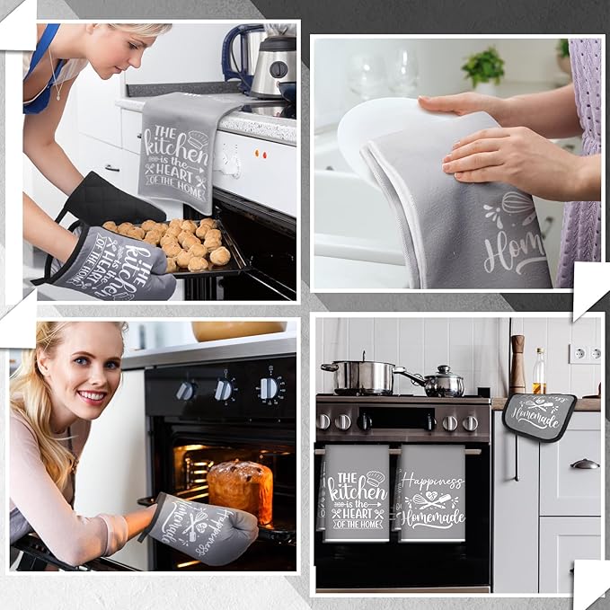 Sratte 6 Pcs Kitchen Decor Accessories Set Farmhouse Towels Pot Holders Oven Mitts Set 2 Dish Towels 2 Potholders 2 Cooking Mittens Oven Glove for Christmas Baking Cooking Supply(Gray,Kitchen) - Image 5