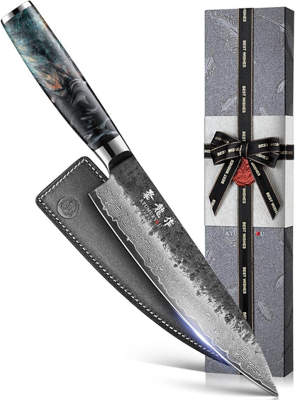 Japanese Chef Knife 8'', Hand Forged 67-Layer Damascus VG10 Core Kitchen Knife for Home & Professional Chefs, Razor Sharp Chef's Knives with Leather Sheath and Premium Gift Box, Ideal Cooking Gift