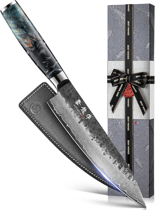 Japanese Chef Knife 8'', Hand Forged 67-Layer Damascus VG10 Core Kitchen Knife for Home & Professional Chefs, Razor Sharp Chef's Knives with Leather Sheath and Premium Gift Box, Ideal Cooking Gift