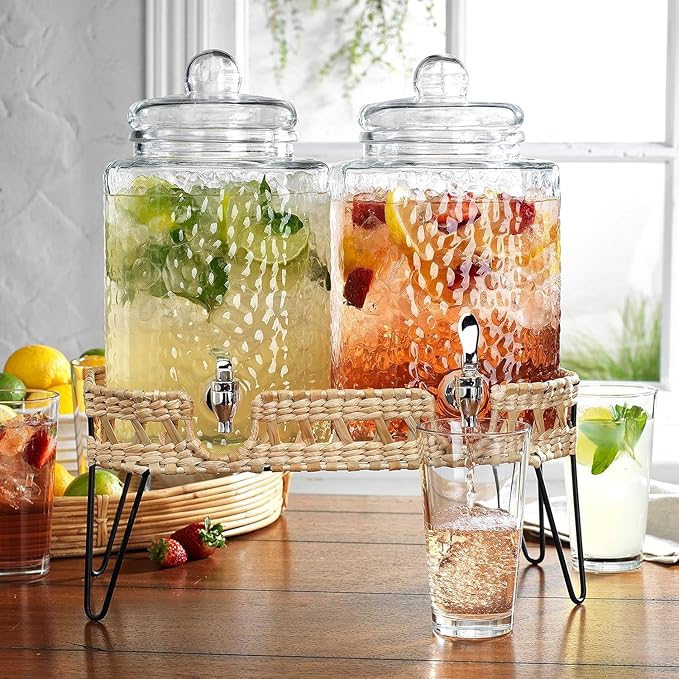 MosJos Beverage Dispensers - Set of 2 Glass Drink Dispensers with Metel Stand - 1.5-Gallon Capacity - Perfect for Lemonade, Juice, Water, Iced Tea, Punch (Wicker Design-Clear) by MosJos