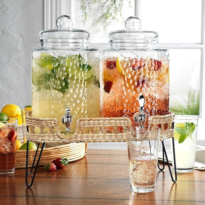 MosJos Beverage Dispensers - Set of 2 Glass Drink Dispensers with Metel Stand - 1.5-Gallon Capacity - Perfect for Lemonade, Juice, Water, Iced Tea, Punch (Wicker Design-Clear) by MosJos