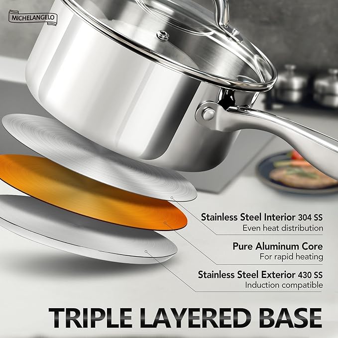 MICHELANGELO 3 Quart Saucepan with Lid, 18/10 Stainless Steel Sauce Pan with Tri-Ply Bottom, 3QT Sauce Pot, Induction Compatible - Image 3