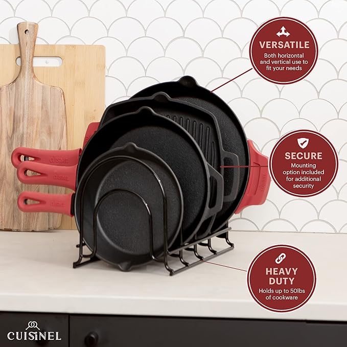 Cuisinel Pots and Pans Organizer - 15" Heavy Duty Skillet Rack - 2 Pack - Kitchen Counter/Cabinet Organization Storage - Holder for Cookie Sheet, Cutting Board, Cast Iron Cookware, Dish, Lid Stand - Image 4