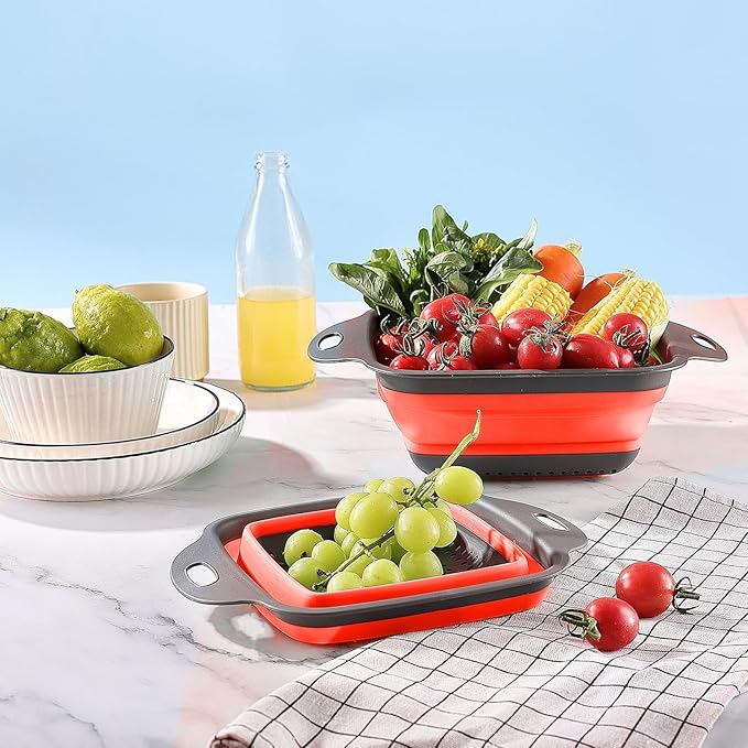 2 PCS Collapsible Colander, Collapsible Strainers for Kitchen, 11.5 inch Silicone Strainer and 9.5 inch Silicone Colander for Draining Vegetable fruit, Kitchen Food Strainer, Blue (Red) - Image 5