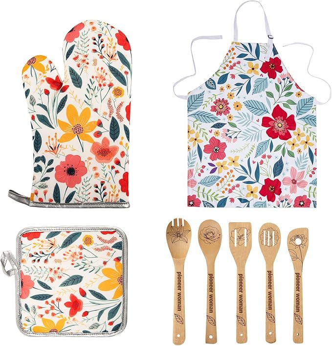 8 Pcs Kitchen Stuff Accessories Include 5 Cute Wooden Spoons & 1 Floral Kitchen Oven Mitts & 1 Pot Holders & 1 Kitchen Apron,Gifts for Women