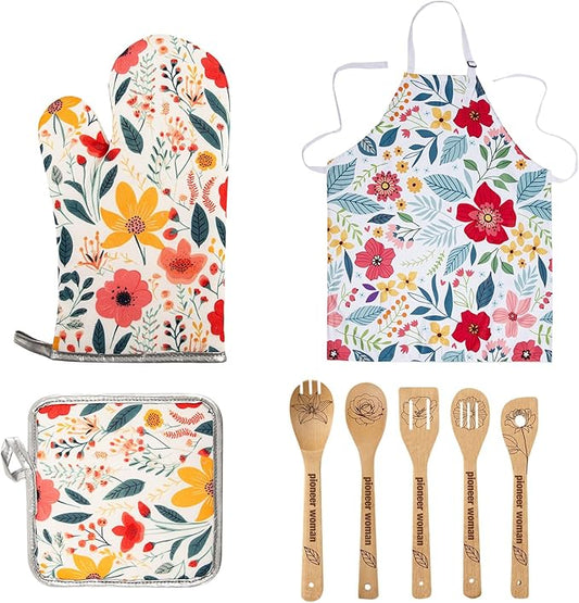 8 Pcs Kitchen Stuff Accessories Include 5 Cute Wooden Spoons & 1 Floral Kitchen Oven Mitts & 1 Pot Holders & 1 Kitchen Apron,Gifts for Women