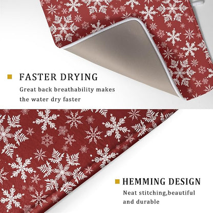 Christmas Dish Drying Mat for Kitchen Counter 24x18 Inch Xmas Snowflake Drying Mat with Absorbent Reversible Microfiber Red Dish Drainer Mats Rack Pad for Coffee Countertop Protector