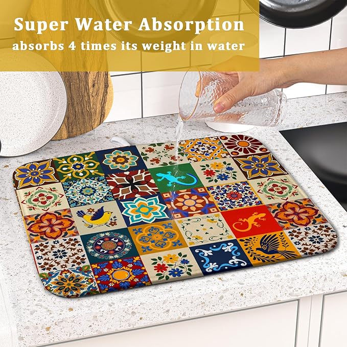Giwawa Mexican Tile Dish Drying Mat 16"x18" Talavera Boho Floral Print Dish Drainer Mats Rustic Ethnic Traditional Reversible Small Dish Drying Pad Protector for Kitchen Countertop Decor
