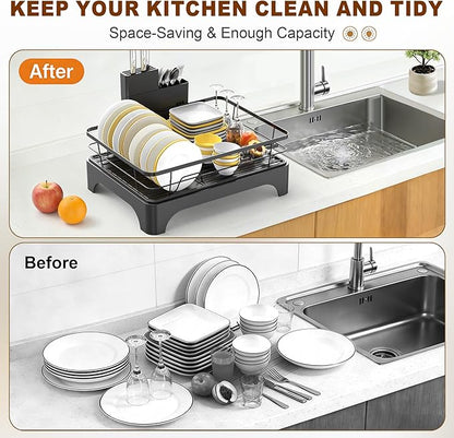 Dish Drying Rack for Kitchen Counter, Dish Rack, Dish Drainer for Kitchen with Built-in Drain, Stainless Steel Sink Organization and Storage Essentials with Cutlery Holder (17" x 13.4", Black)