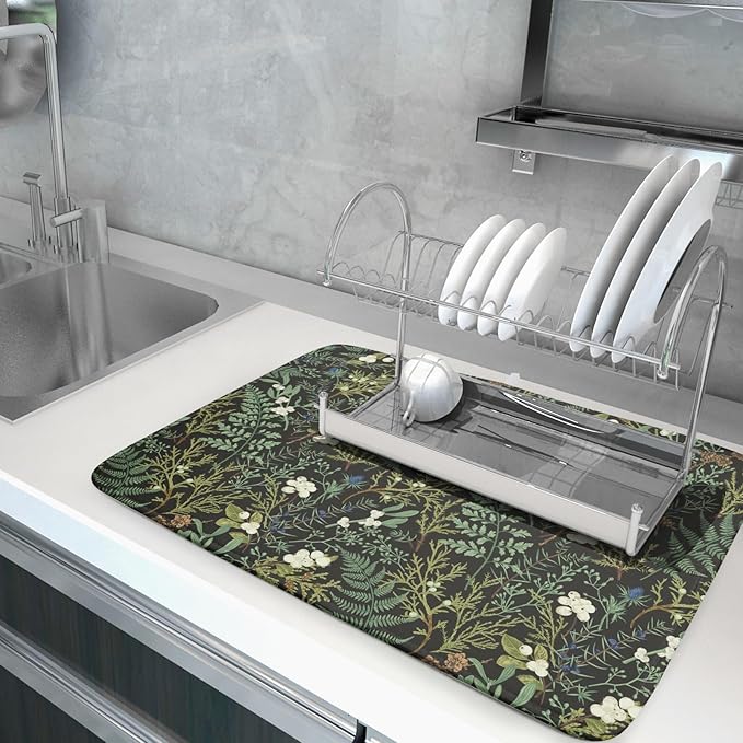Green Plants Dish Drying Mat for Kitchen Counter Microfiber Absorbent Dish Draining Reusable Washable Foldable Extra Large 18"x24" - Image 5