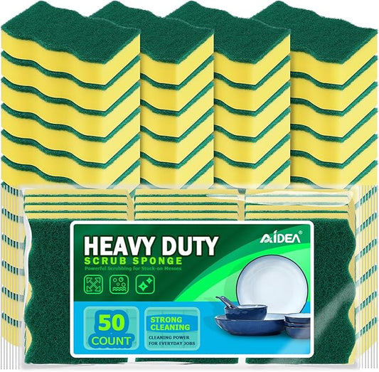 AIDEA Sponges Kitchen, 50 Pack Heavy Duty Dish Sponge, Cleaning Dish Scrubber Sponge for Home and Kitchen, Stink-Free Cleaning Supplies for Pots, Pans by AIDEAHOME