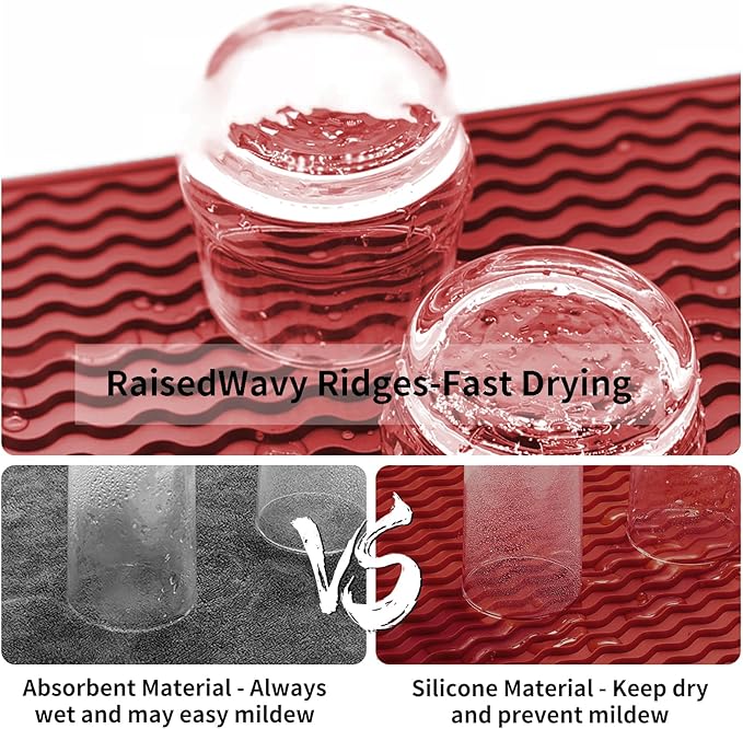 ZLR Silicone Dish Drying Mat 12" x 12" Square - Small Heat Resistant Trivet & Countertop Protector for Air Fryer, Coffee Maker - Waterproof Kitchen Drain Pad for Cups, Fruit (Lava Red) - Image 2