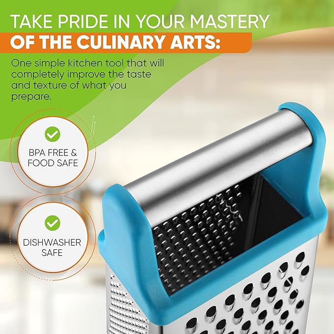 Spring Chef Handheld Stainless Steel XL Parmesan Cheese Grater with Handle - 4 Sided Metal Box Grater for Kitchen - Dishwasher Safe Potato Shredder for Hash Browns, Potato, Carrot, Vegetables - Teal - Image 5