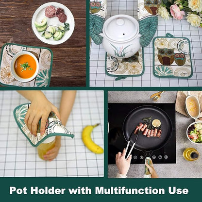 Oven Mitts and Pot Holders Sets, Funny Owl Kitchen Oven Mitts Heat Resistant 500 Degrees, Pure Cotton Hot Pads and Oven Mitts Sets for Baking,Cooking,BBQ Grilling-(Owl, 4Pcs)