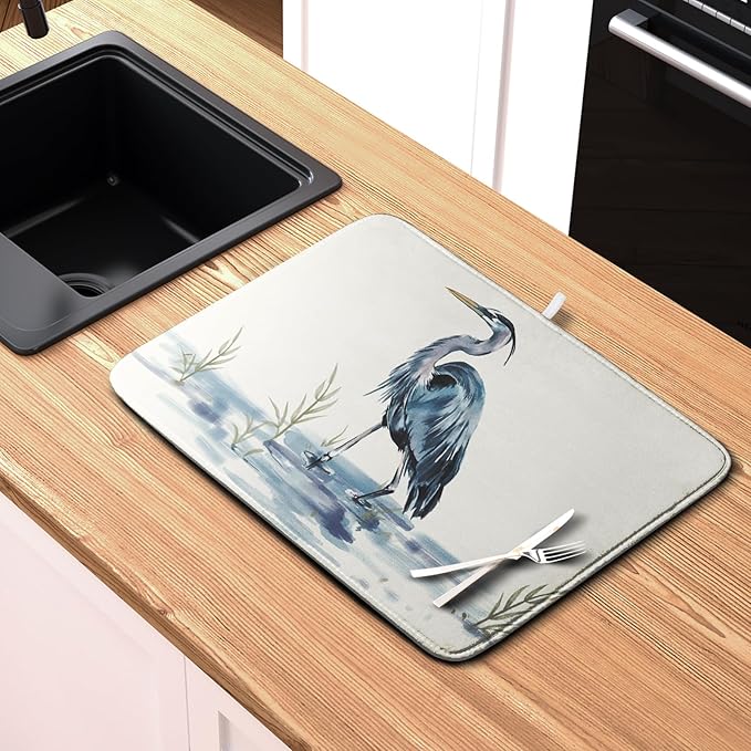 Summer Dish Drying Mat Blue White Heron Beach Absorbent Microfiber Drying Mats for Kitchen Counter Coastal Nautical Birds Dishes Drainer Mat 16x18 Inch - Image 6