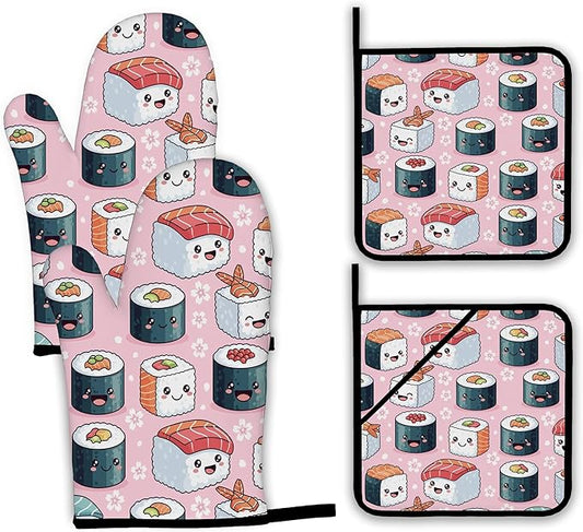 Cute Sushi Roll Japanese Oven Mitts and Pot Holders Set,Kitchen Decor Heat Resistant Non Slip Hot Pads and Oven Mitt for Chef Cooking Baking BBQ Mom Girl Gifts(4 Piece Set)