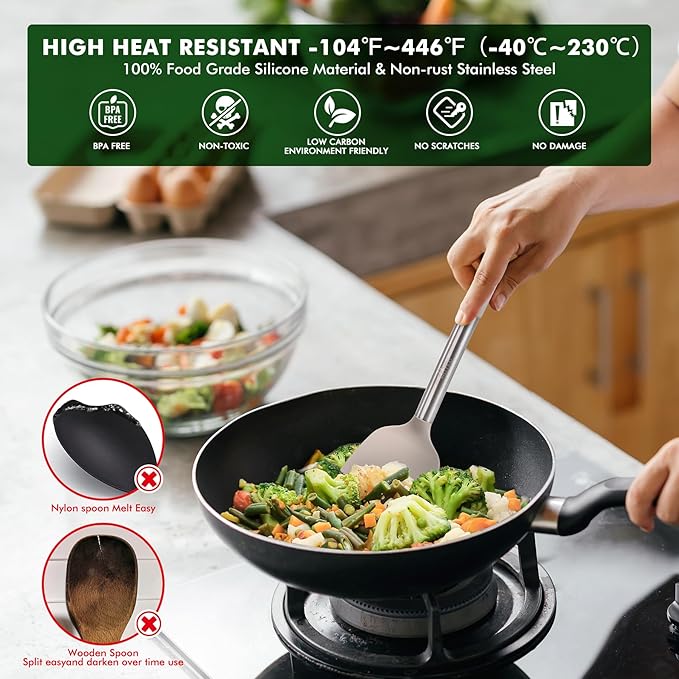 HOTEC 446°F Heat Resistant Silicone Kitchen Utensils, Cooking Utensil Set, Spatula Set, BPA Free, Kitchen Gadgets, With Stainless Steel Utensils Holder, Dishwasher Safe 14pcs Khaki - Image 6