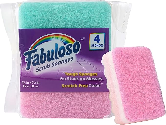 Fabuloso Scratch-Free Kitchen Dish Sponges, Rainbow Cellulose Scrubber Sponge with Scouring Pad for Dishes, Pots, Pans, Counters and Sinks, Tough on Messes, 4.25 x 2.75 x 1.25 in, 4 Count by Fabuloso