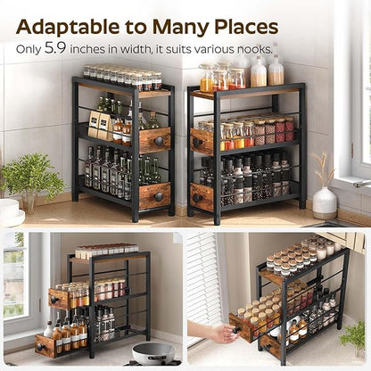 YATINEY Spice Rack, 3-Tier Pull Out Spice Rack Organizer for Countertop, Narrow Kitchen Countertop Storage Shelf with 2 Drawers, for Kitchen, Cafe, Rustic Brown and Black SR02BR - Image 9