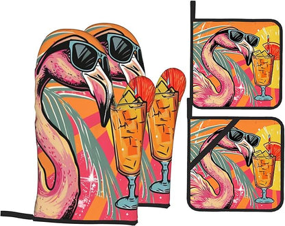 Cool Flamingo Oven Mitts and Heat Resistant Pads - Heat Resistant Gloves Potholder Set of 4 for Cooking, BBQ, Gifts for Women