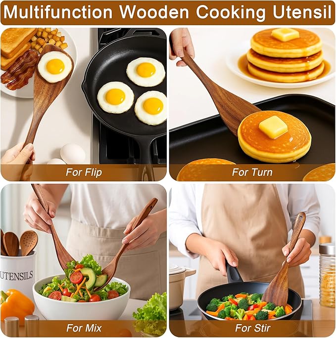Jilla-hla Wooden Spatula Nonstick Turner Acacia Wood, Left Long Handle Flat Frying Spatulas Handmade for Kitchen Gifts, Ideal Cookware Utensils for Cooking Eggs, Fish, Pancakes - Image 2