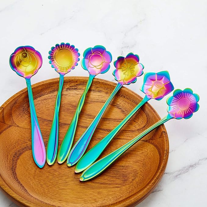 Chengu 8 Pieces Flower Coffee Tea Spoons Stainless Steel Sugar Spoons Tea Party Flower Fancy Tableware Set Stir Bar Creative Stirring Teaspoon, 8 Different Patterns(Rainbow Color) - Image 2