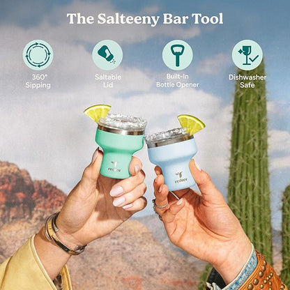 REDUCE Salteeny 3-in-1 Beer Bottle Opener with Shot Glass & Cocktail Jigger – Stainless Steel Bartender Bar Tool for Home Bar, Parties & Camping – Cloud Saltwater 2 Pack