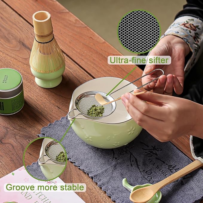 Clay&Fire Matcha Whisk Set, 9 pcs Ceramic Matcha Set, Gifts for Women,Matcha Bowl with Spout and Whisk, Matcha Kit for Matcha Lovers, Ideal Gift Christmas, Birthday, Anniversary (Cherry Bloom-Green) - Image 4