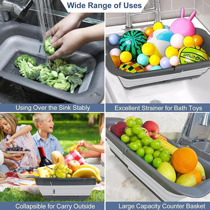 ROTTOGOON Collapsible Colander Strainer, Expandable Over the Sink Colander for Kitchen, Adjustable Silicone Sink Strainer, Foldable Large Colanders Basket to Wash Vegetable, Fruit, 15" to 19.8", Gray