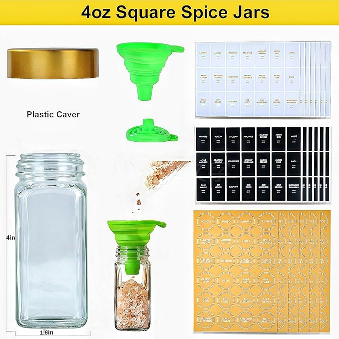Glass Spice Jars with Label, 24Pcs Spice Jars with Shaker Lids-4 oz Gold Spice Seasoning Jars Bottles Containers Set for Spice Rack (24) - Image 4