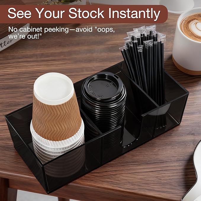 Acrylic Coffee Cup Holder for Countertop, 3 Slots Acrylic Coffee Bar Accessories and Organizer Anti Slip Waterproof, Clear Coffee Station Organizer for Cup Lid Straw,Transparent Black