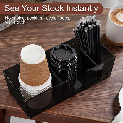 Acrylic Coffee Cup Holder for Countertop, 3 Slots Acrylic Coffee Bar Accessories and Organizer Anti Slip Waterproof, Clear Coffee Station Organizer for Cup Lid Straw,Transparent Black