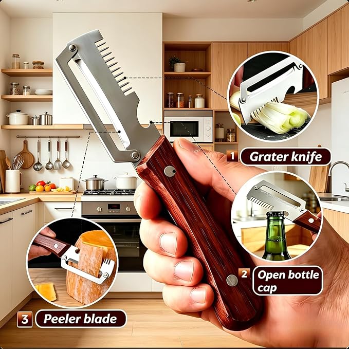 2PCS Multifunctional Vegetable Peeler, Premium Vegetable Peeler with Wooden Handle, 3-in-1 Peelers For Kitchen with Bottle Opener, Stainless Steel Blade Kitchen Tool for Vegetables Fruit - Image 6