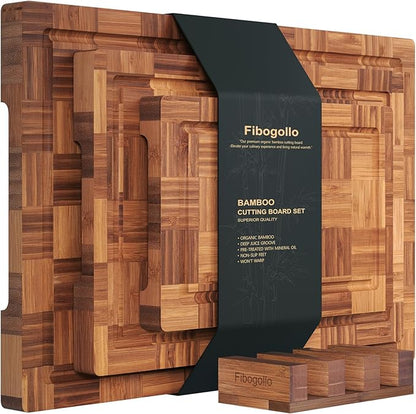Fibogollo Bamboo Cutting Boards for Kitchen,Chopping Boards Set with Juice Groove,End Grain Bamboo Butcher Block,Serving Board with Holder(3 Pcs) by Fibogollo