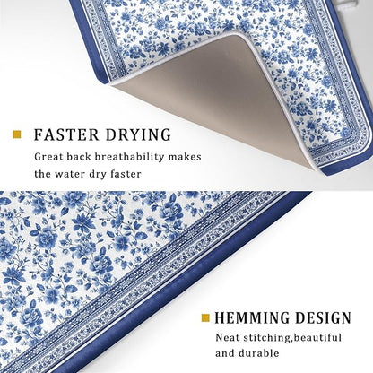 Blue Floral Branches Dish Drying Mat for Kitchen Counter Chinoiserie Pattern Dish Drying Pad 16”x18”Absorbent Vintage Flowers Decor Dishes Drainer Pad Dish Dry Rack Mat for Counter Coffee Bar