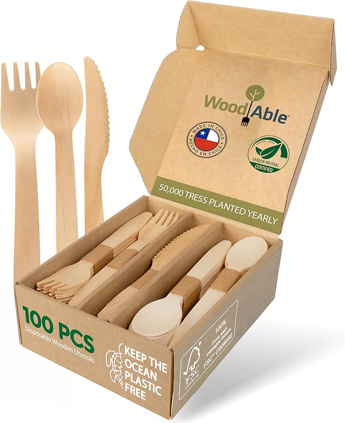 Disposable Wooden Cutlery Set - 100% Home Compostable - 100 Mix - (40 Forks, 40 Spoons and 20 Knives) 6.5", Bamboo Utensils Alternative, Eco-Friendly, Organic, Sustainable and Carbon Neutral Certified by WoodAble