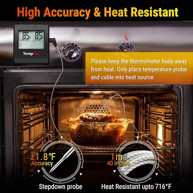 TempPro TP16 Large LCD Digital Meat Thermometer for Cooking, Smoking, Grilling, BBQ Food Temperature Indicator with Clock Timer and Stainless Steel Probe, Black(Previously ThermoPro) - Image 3