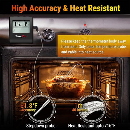 TempPro TP16 Large LCD Digital Meat Thermometer for Cooking, Smoking, Grilling, BBQ Food Temperature Indicator with Clock Timer and Stainless Steel Probe, Black(Previously ThermoPro) - Image 3