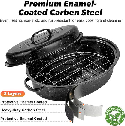 15” Roaster Pan with Lid and Rack, Small Enamel Roaster Pan with Oval Roasting Rack, Granite Baking Pot for Chicken Turkey Lamb, Heat Resistant, Oven/Dishwasher/All Stovestops Compatible