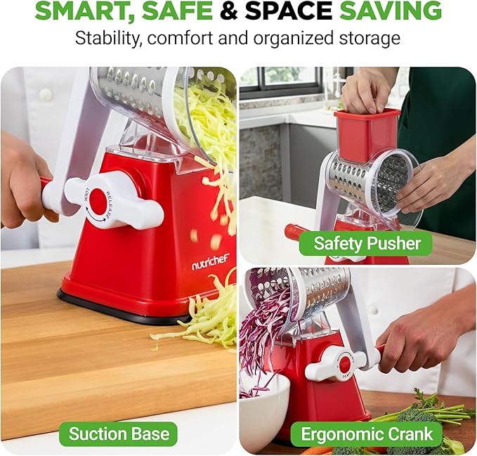 Nutrichef 3 in 1 Cheese Grater & Shredder | Strong Suction Base, Rotary Handle with Safety Lock | Includes Hand Crank & 3 Drum Blades for 3 Textures, Fine, Medium & Strips | Red - Image 7
