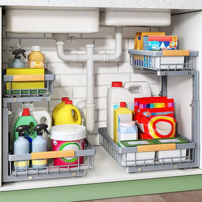 Kitstorack Under Sink Organizer, 2 Tier Under the Sink Storage, Slide out Pull out Cabinet Organizer Shelf, Metal Sliding Drawer for Kitchen Bathroom Pantry Closet Organization Rack, Grey, 2 Pack by Kitstorack