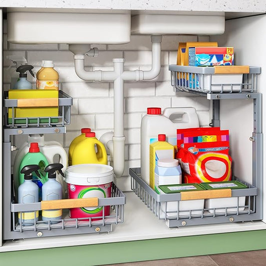 Kitstorack Under Sink Organizer, 2 Tier Under the Sink Storage, Slide out Pull out Cabinet Organizer Shelf, Metal Sliding Drawer for Kitchen Bathroom Pantry Closet Organization Rack, Grey, 2 Pack by Kitstorack