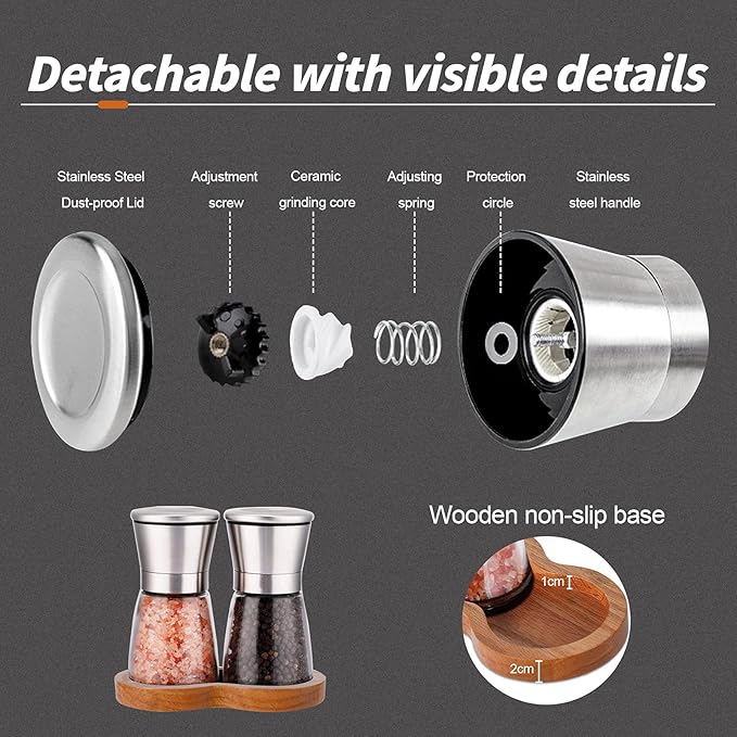 LessMo Salt and Pepper Grinder Set with Wooden Standing Tray, Refillable Pepper Mill Set - Brushed Stainless Steel - Short Glass Shakers with Adjustable Coarseness for Peppercorn, Salt or Spice Mills - Image 4