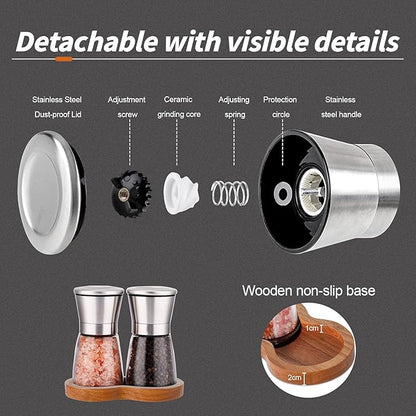 LessMo Salt and Pepper Grinder Set with Wooden Standing Tray, Refillable Pepper Mill Set - Brushed Stainless Steel - Short Glass Shakers with Adjustable Coarseness for Peppercorn, Salt or Spice Mills - Image 4