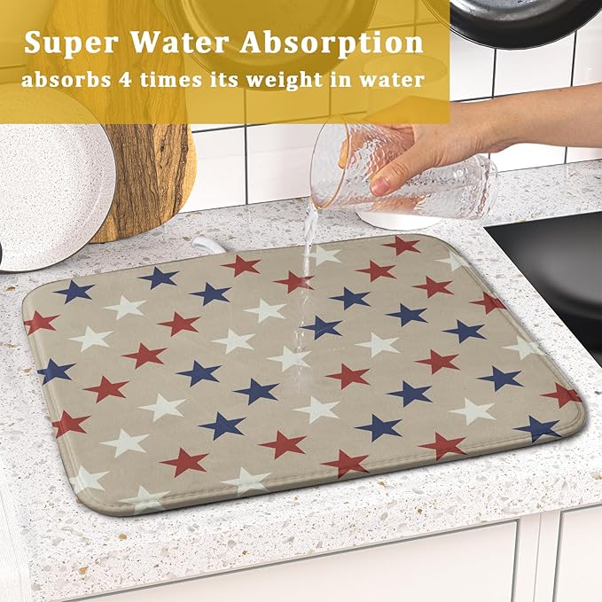 Patriotic July of 4th Blue Red White Star Dish Drying Mat for Kitchen Counter 16x18 Independence Day Absorbent Reversible Microfiber Drying Mats Kitchen Countertop Protector Dishes Drainer Rack Pad - Image 7