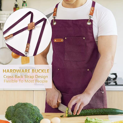 Aoomzoon Canvas Aprons for Men Chef Apron, Work Apron with Large Pockets - 16oz Heavy Duty Cross Back, BBQ, Cooking