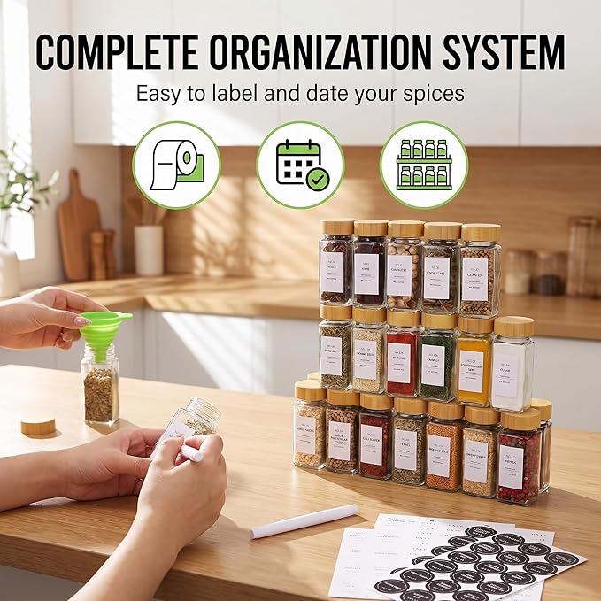 24-Pack Glass Spice Jars with Bamboo Lids, 4 Oz Clear Square Spice Containers with Airtight Seal, Spice Bottles Set with Labels, Shaker Lids and Funnel for Kitchen, Pantry Organization and Storage