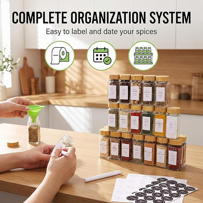 24-Pack Glass Spice Jars with Bamboo Lids, 4 Oz Clear Square Spice Containers with Airtight Seal, Spice Bottles Set with Labels, Shaker Lids and Funnel for Kitchen, Pantry Organization and Storage