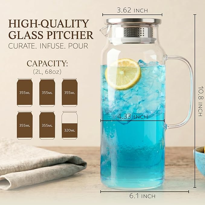 Glass Pitcher with Lid and Handle, 68oz 2 Liter Borosilicate Glass Water Pitcher for Fridge, Heat Resistant Iced Tea Pitcher, Glass Carafe for Hot Cold Beverages Juice Lemonade